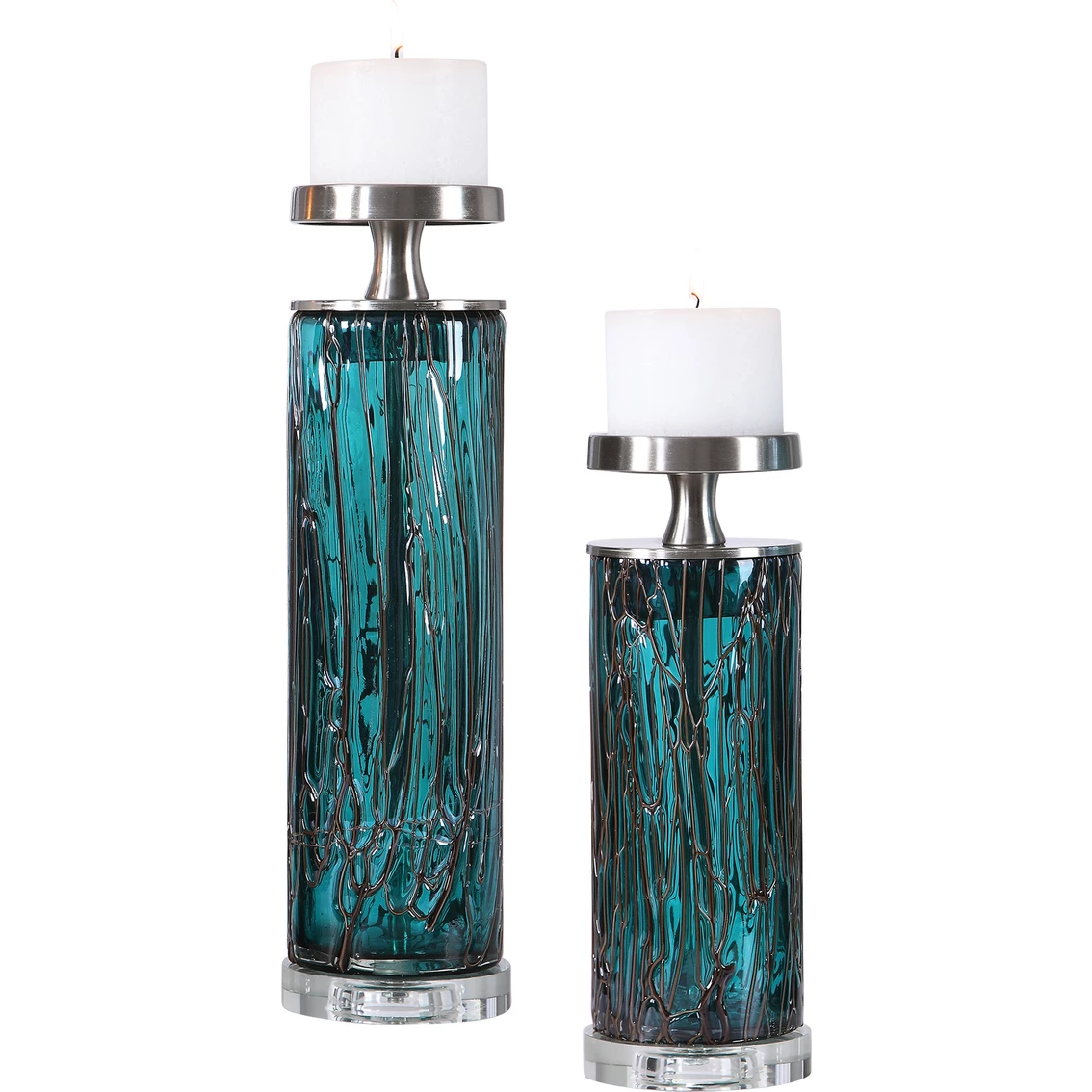 Hot Sale ???? Uttermost Almanzora Teal Glass Candleholders Set Of 2 ????